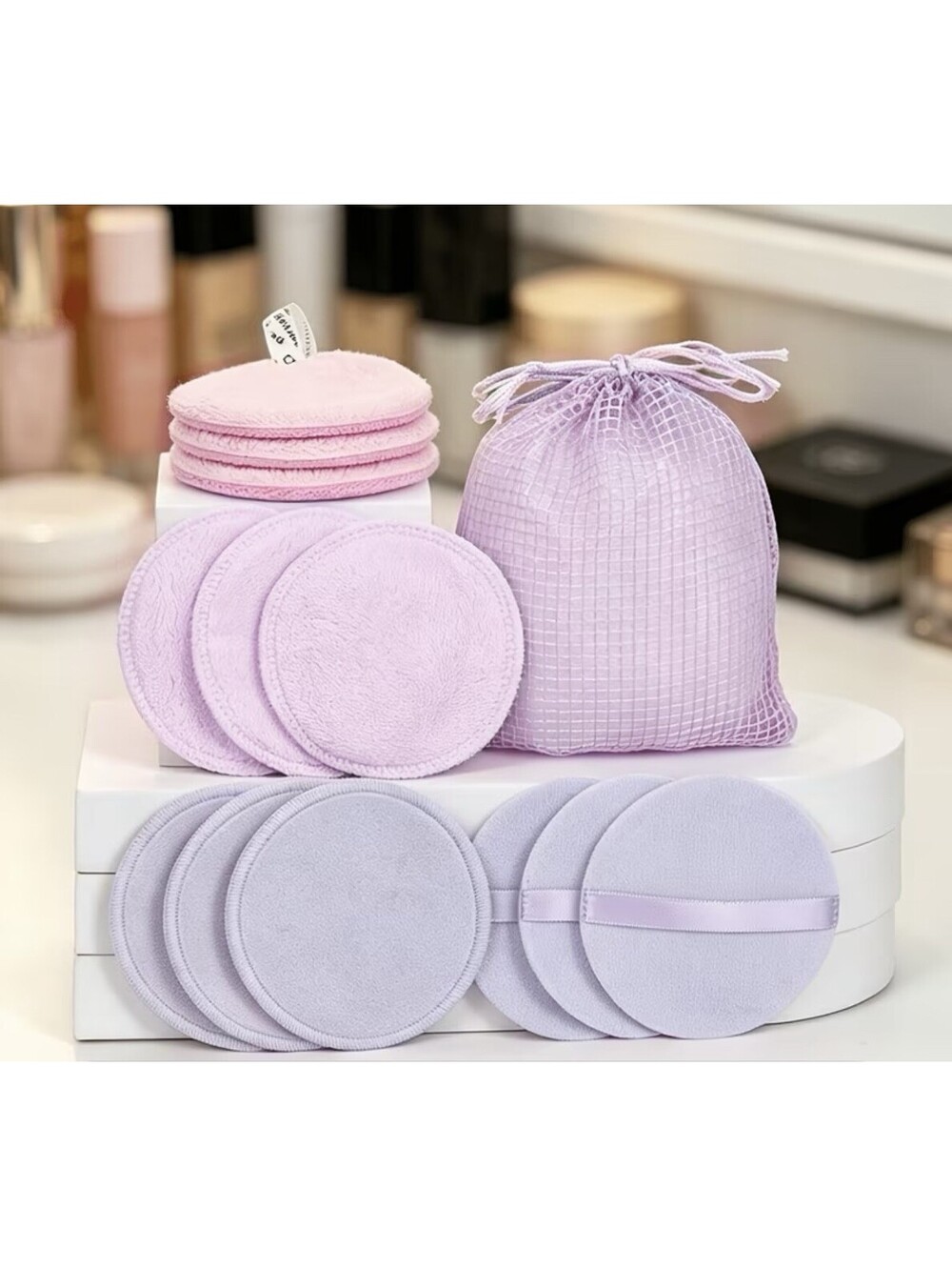 Cherry Darling Reusable Makeup Remover Pads 12Pc Set Mesh Bag Pink Purple New